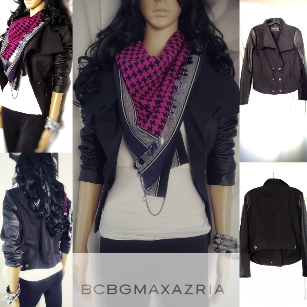 BCBG MAXAZRIA BLACK FAUX LEATHER SLEEVE  BTN JKT